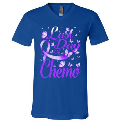 Last Day Of Chemo Fibromyalgia Awareness Butterfly Gift V-Neck T-Shirt