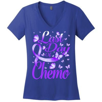Last Day Of Chemo Fibromyalgia Awareness Butterfly Gift Women's V-Neck T-Shirt