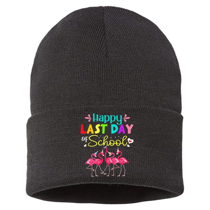 Last Day Of School Flamingo Kindergarten funny Teacher Sustainable Knit Beanie