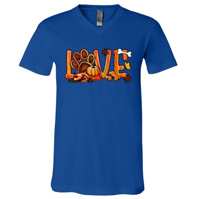 Love Dog Paw Print Turkey Pumpkin Fall Autumn Thanksgiving V-Neck T-Shirt