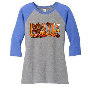 Love Dog Paw Print Turkey Pumpkin Fall Autumn Thanksgiving Women's Tri-Blend 3/4-Sleeve Raglan Shirt