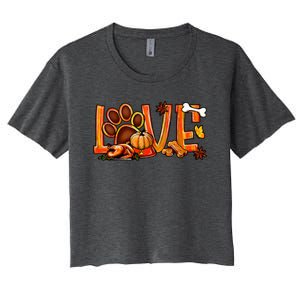 Love Dog Paw Print Turkey Pumpkin Fall Autumn Thanksgiving Women's Crop Top Tee