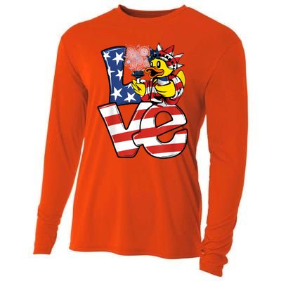 Love Duck Patriotic American Flag Cute Duck 4th Of July Meaningful Gift Cooling Performance Long Sleeve Crew