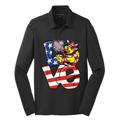 Love Duck Patriotic American Flag Cute Duck 4th Of July Meaningful Gift Silk Touch Performance Long Sleeve Polo