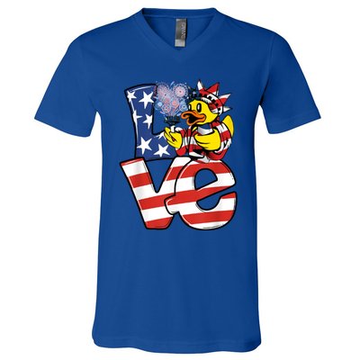 Love Duck Patriotic American Flag Cute Duck 4th Of July Meaningful Gift V-Neck T-Shirt