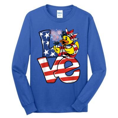 Love Duck Patriotic American Flag Cute Duck 4th Of July Meaningful Gift Tall Long Sleeve T-Shirt