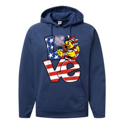 Love Duck Patriotic American Flag Cute Duck 4th Of July Meaningful Gift Performance Fleece Hoodie