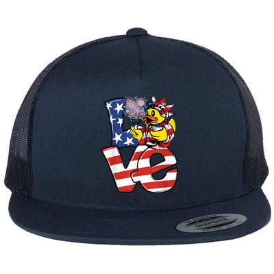 Love Duck Patriotic American Flag Cute Duck 4th Of July Meaningful Gift Flat Bill Trucker Hat