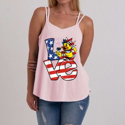 Love Duck Patriotic American Flag Cute Duck 4th Of July Meaningful Gift Women's Strappy Tank