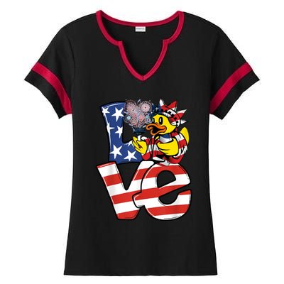 Love Duck Patriotic American Flag Cute Duck 4th Of July Gift Ladies Halftime Notch Neck Tee