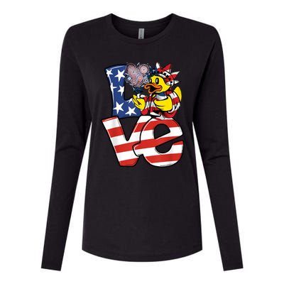 Love Duck Patriotic American Flag Cute Duck 4th Of July Gift Womens Cotton Relaxed Long Sleeve T-Shirt