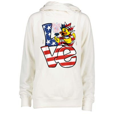 Love Duck Patriotic American Flag Cute Duck 4th Of July Gift Womens Funnel Neck Pullover Hood