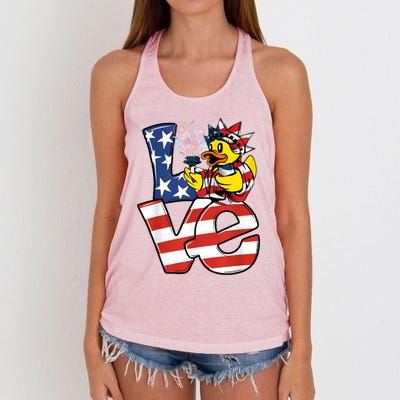 Love Duck Patriotic American Flag Cute Duck 4th Of July Gift Women's Knotted Racerback Tank