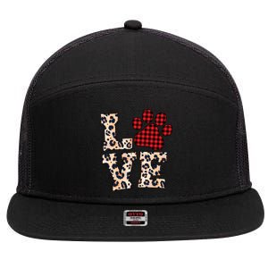 Love Dog Paw Buffalo Plaid Leopard Dog Lover Valentine's Day Gift 7 Panel Mesh Trucker Snapback Hat