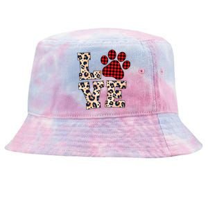 Love Dog Paw Buffalo Plaid Leopard Dog Lover Valentine's Day Gift Tie-Dyed Bucket Hat