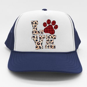 Love Dog Paw Buffalo Plaid Leopard Dog Lover Valentine's Day Gift Trucker Hat