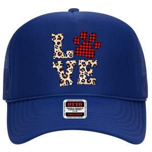 Love Dog Paw Buffalo Plaid Leopard Dog Lover Valentine's Day Gift High Crown Mesh Back Trucker Hat