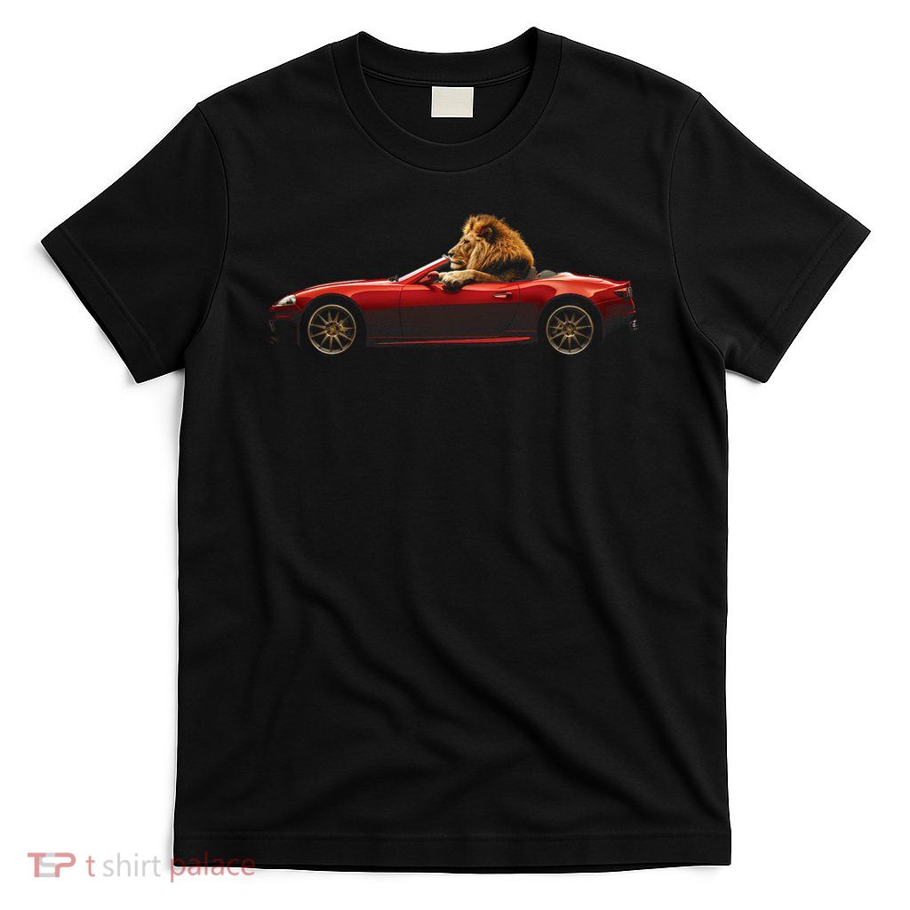 Lion Driving Red Sports Car Convertible Race Car Fast Car T-Shirt