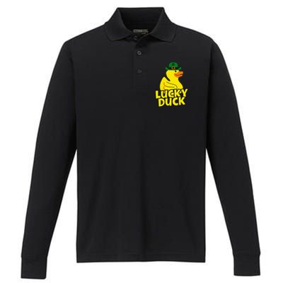 Lucky Duck Shamrock Rubber Ducky Funny St Patricks Day Performance Long Sleeve Polo