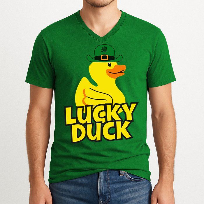 Lucky Duck Shamrock Rubber Ducky Funny St Patricks Day V-Neck T-Shirt