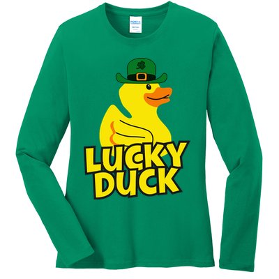 Lucky Duck Shamrock Rubber Ducky Funny St Patricks Day Ladies Long Sleeve Shirt