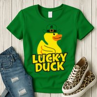 Lucky Duck Shamrock Rubber Ducky Funny St Patricks Day Womens T-Shirt