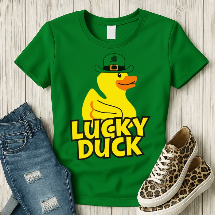 Lucky Duck Shamrock Rubber Ducky Funny St Patricks Day Womens T-Shirt