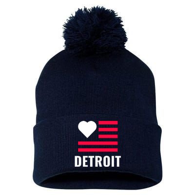 Love Detroit Simple Flag Type Pom Pom 12in Knit Beanie