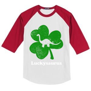 Lucky Dinosaur St Patricks Day Irish Shamrock Luckysaurus Gift Kids Colorblock Raglan Jersey