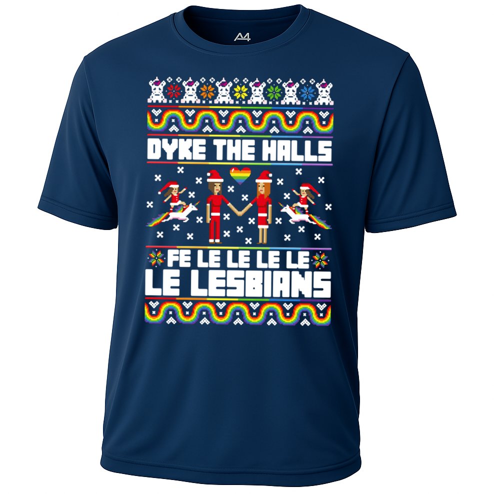 LGBT Dyke The Halls Fe Le Le Le Le Le Lesbians Ugly Christmas Cooling Performance Crew T-Shirt