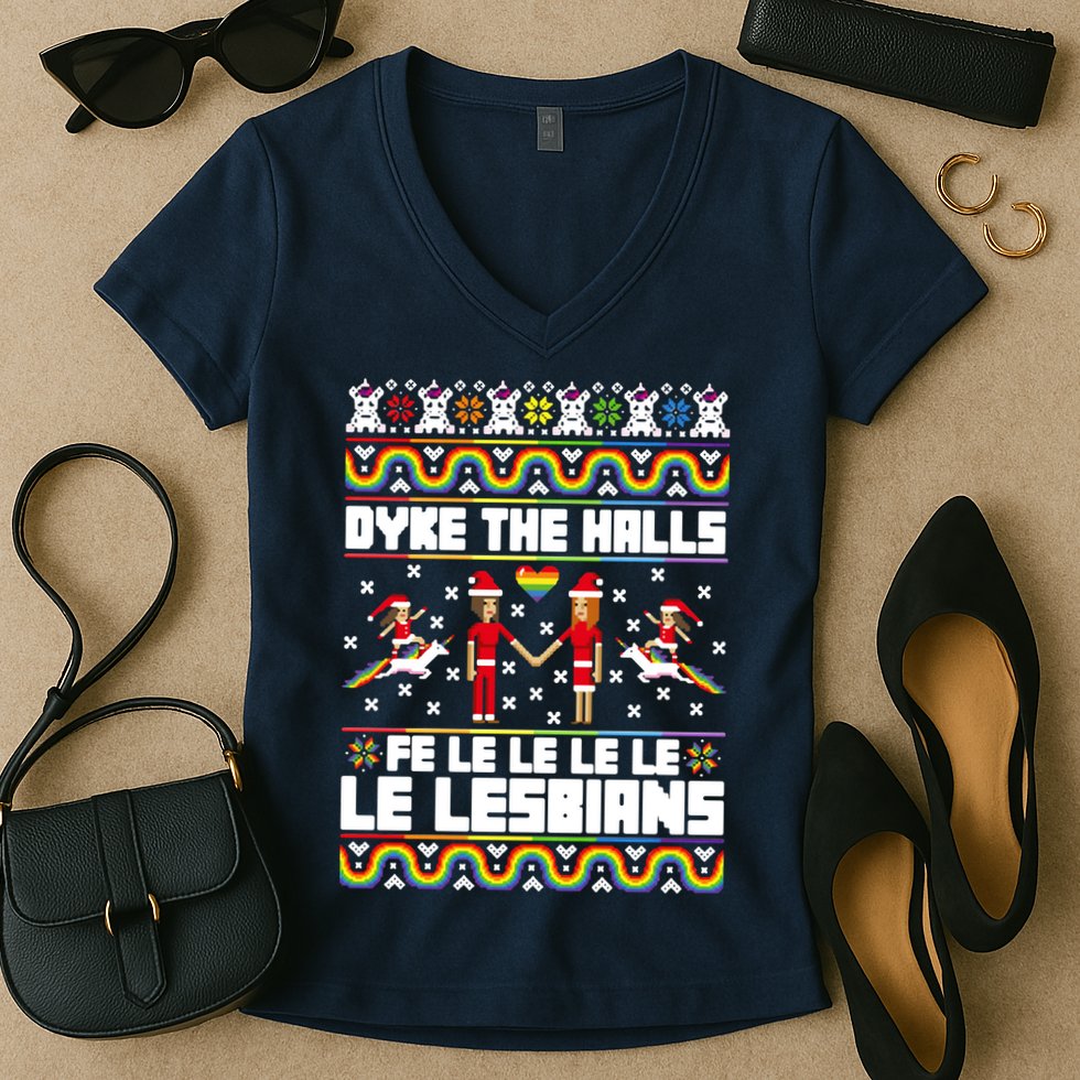 LGBT Dyke The Halls Fe Le Le Le Le Le Lesbians Ugly Christmas Women's V-Neck T-Shirt