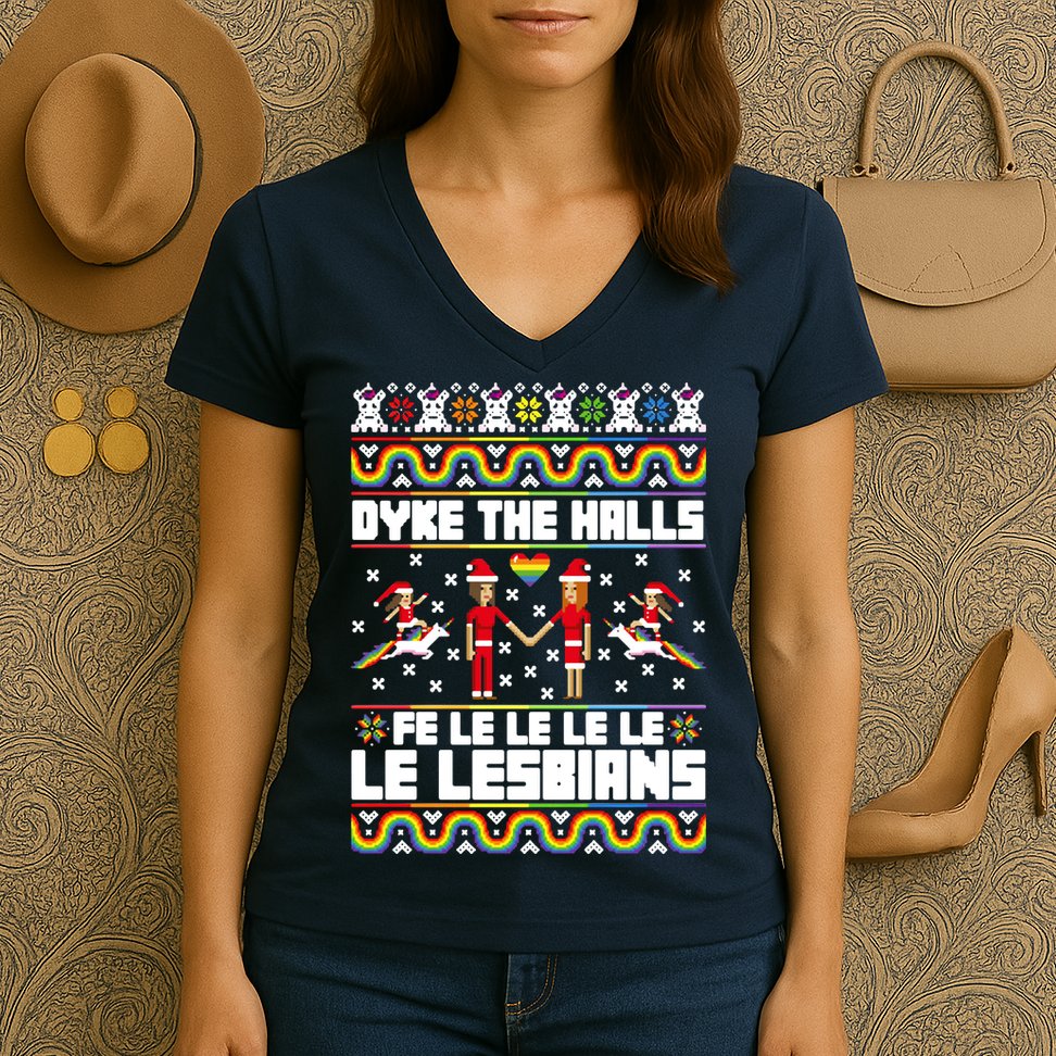 LGBT Dyke The Halls Fe Le Le Le Le Le Lesbians Ugly Christmas Women's V-Neck T-Shirt