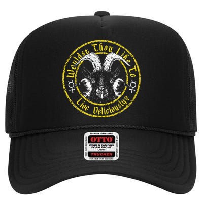 Live Deliciously Vintage Cartoon Goat High Crown Mesh Back Trucker Hat