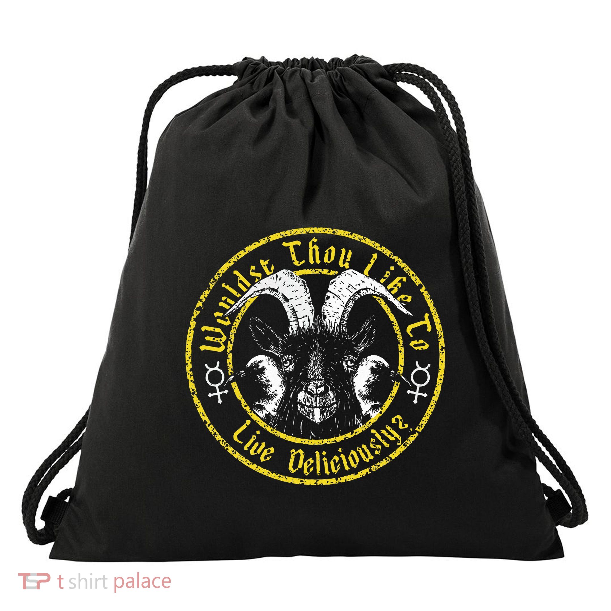Live Deliciously Vintage Cartoon Goat Black P.H.I.L.L.I.P Drawstring Bag