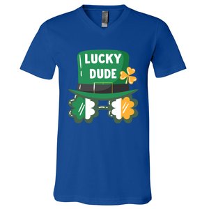 Lucky Dude With Shamrock Sunglasses Funny St Patrick's Day Cool Gift V-Neck T-Shirt