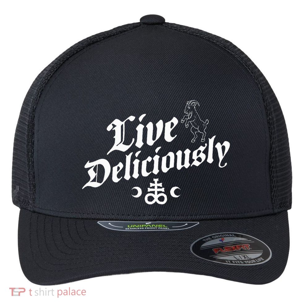 Live Deliciously Witchcraft Occult Flexfit Unipanel Trucker Cap