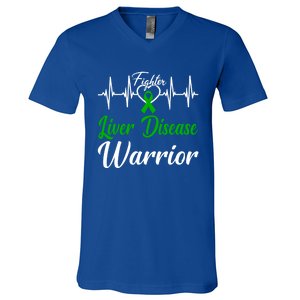 Liver Disease Warrior Heartbeat Fight Green Ribbon Love Gift V-Neck T-Shirt