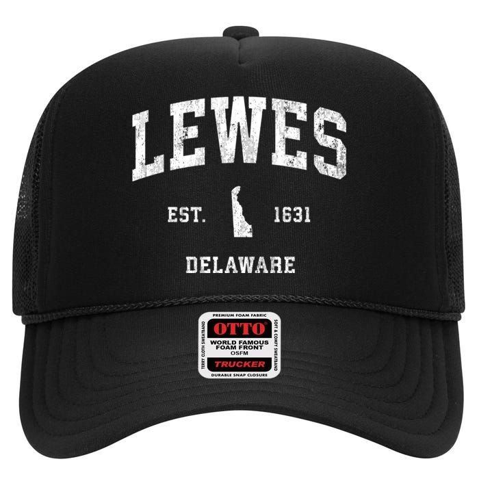 Lewes Est 1631 Delaware De Vintage Athletic Sports Design High Crown Mesh Back Trucker Hat