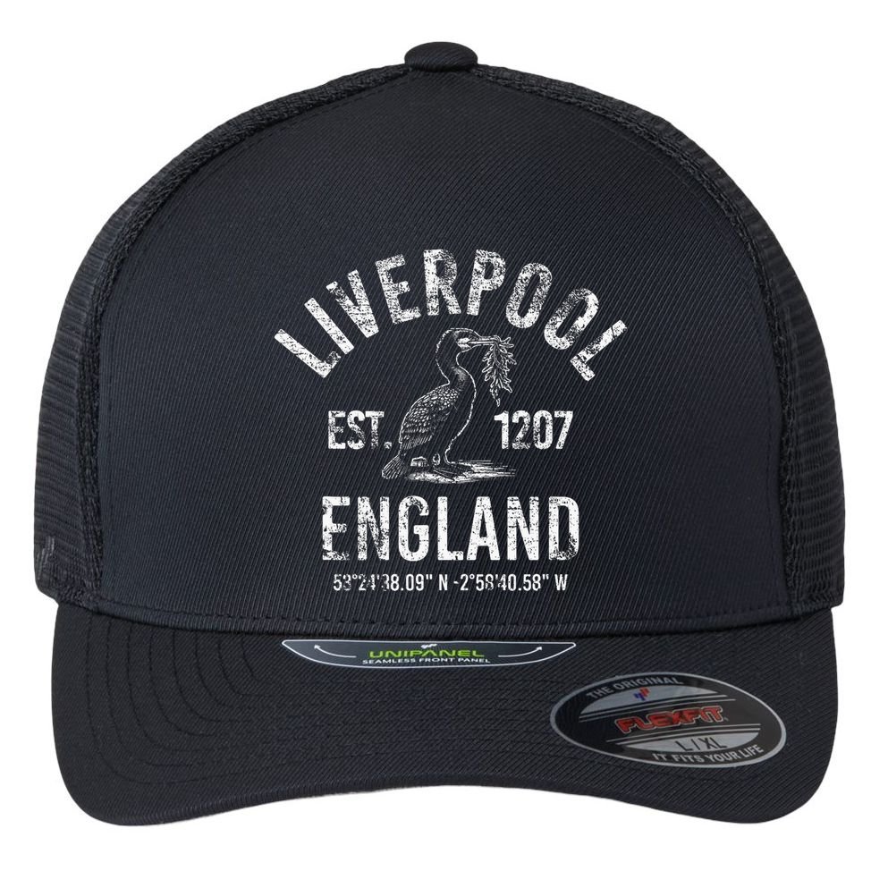 Liverpool England 1207 With Coordinates White Distressed Flexfit Unipanel Trucker Cap
