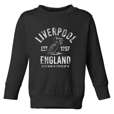 Liverpool England 1207 With Coordinates White Distressed Toddler Sweatshirt