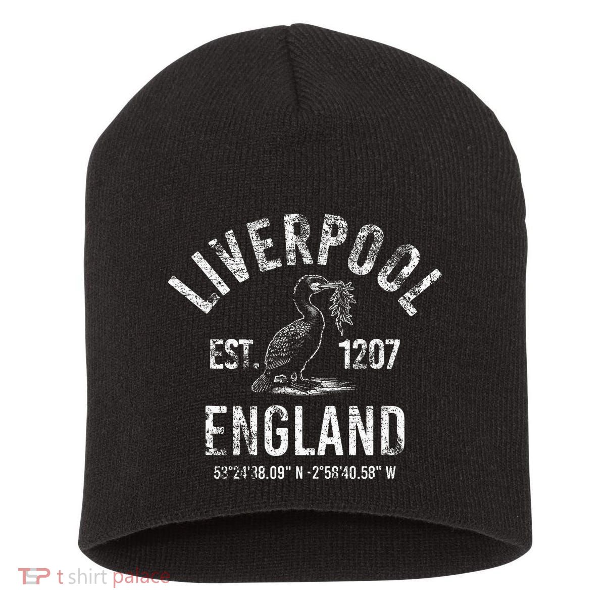 Liverpool England 1207 With Coordinates White Distressed Short Acrylic Beanie