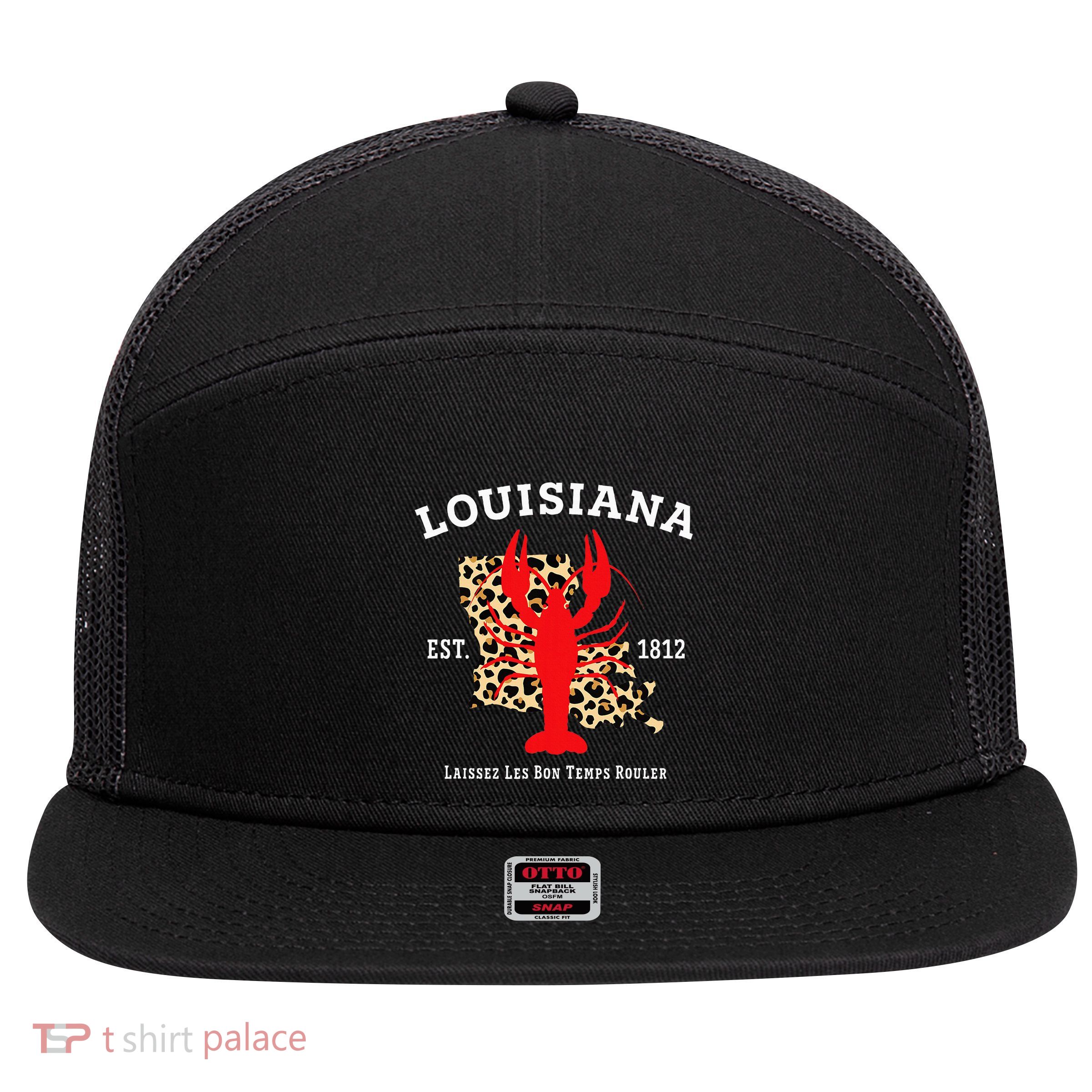Louisiana Est. 1812 Crawfish Leopard New Orleans Mardi Gras 7 Panel Mesh Trucker Snapback Hat