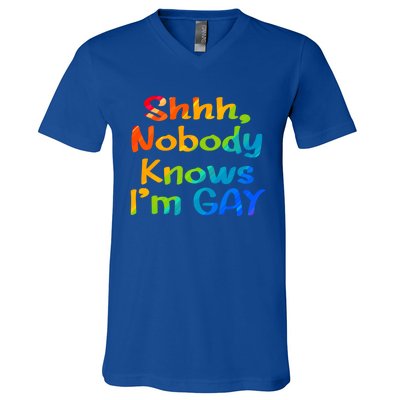 Lgbtq+ Equality Bisexual Lesbian Shh Nobody Knows Im Gay Gift V-Neck T-Shirt