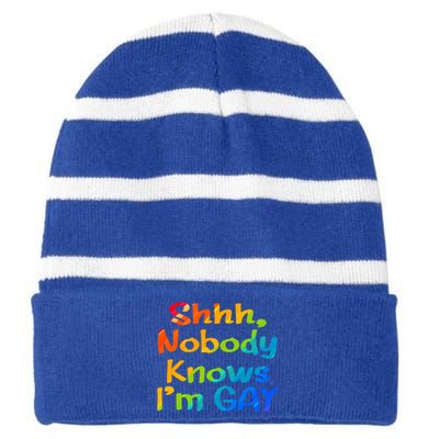 Lgbtq+ Equality Bisexual Lesbian Shh Nobody Knows Im Gay Gift Striped Beanie with Solid Band