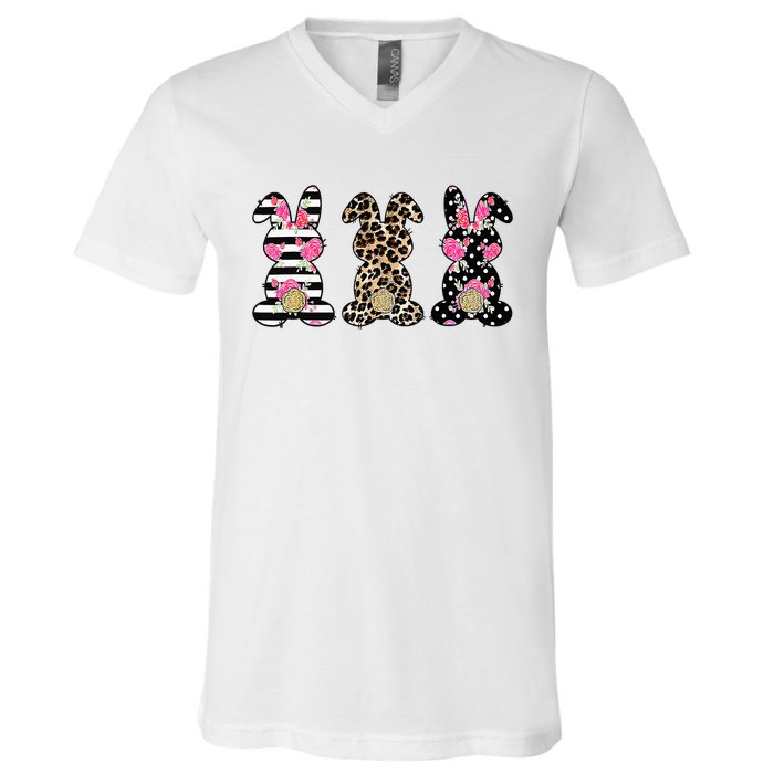 Leopard Easter Bunny Rabbit Trio Cute Easter V-Neck T-Shirt