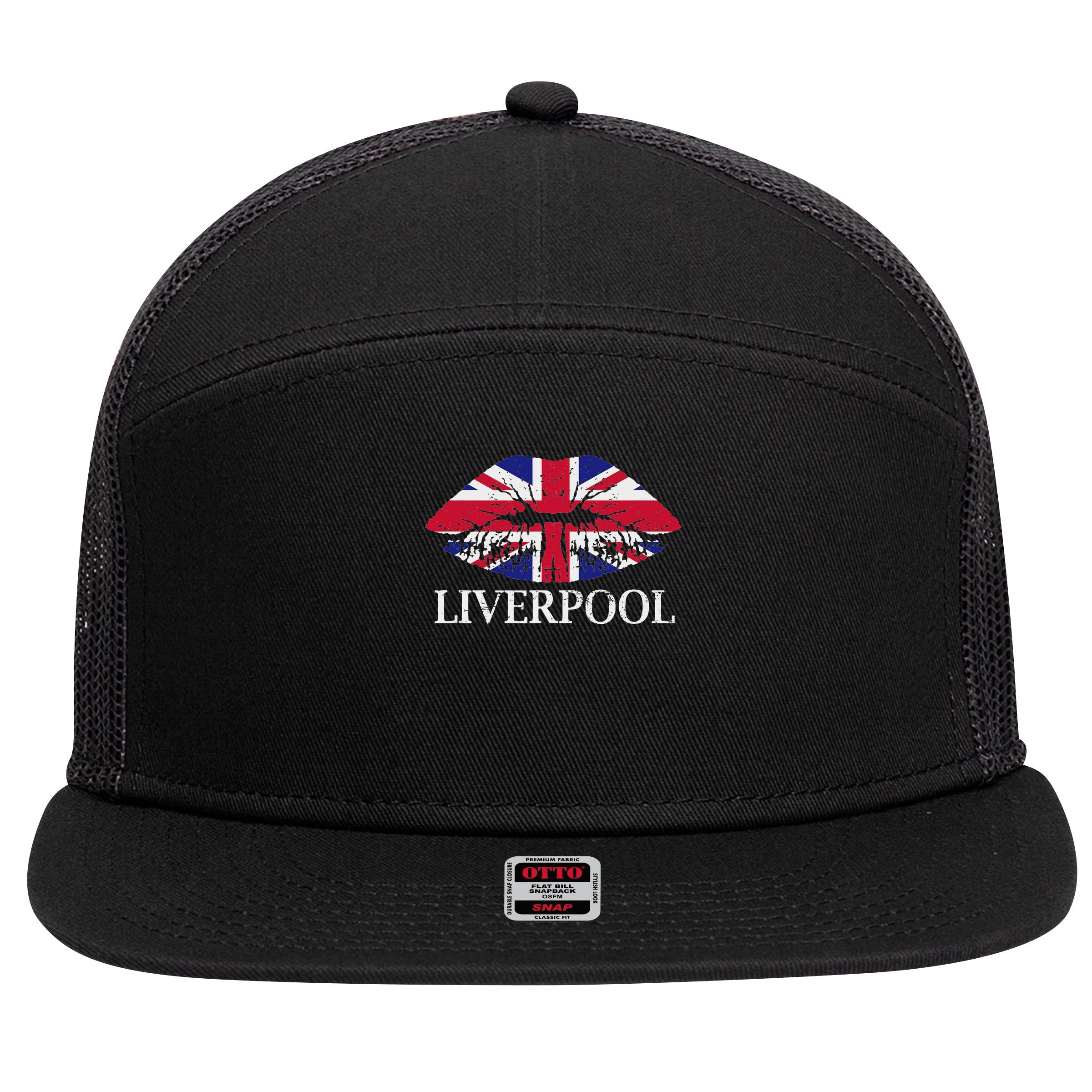 Liverpool England British Flag Lips 7 Panel Mesh Trucker Snapback Hat