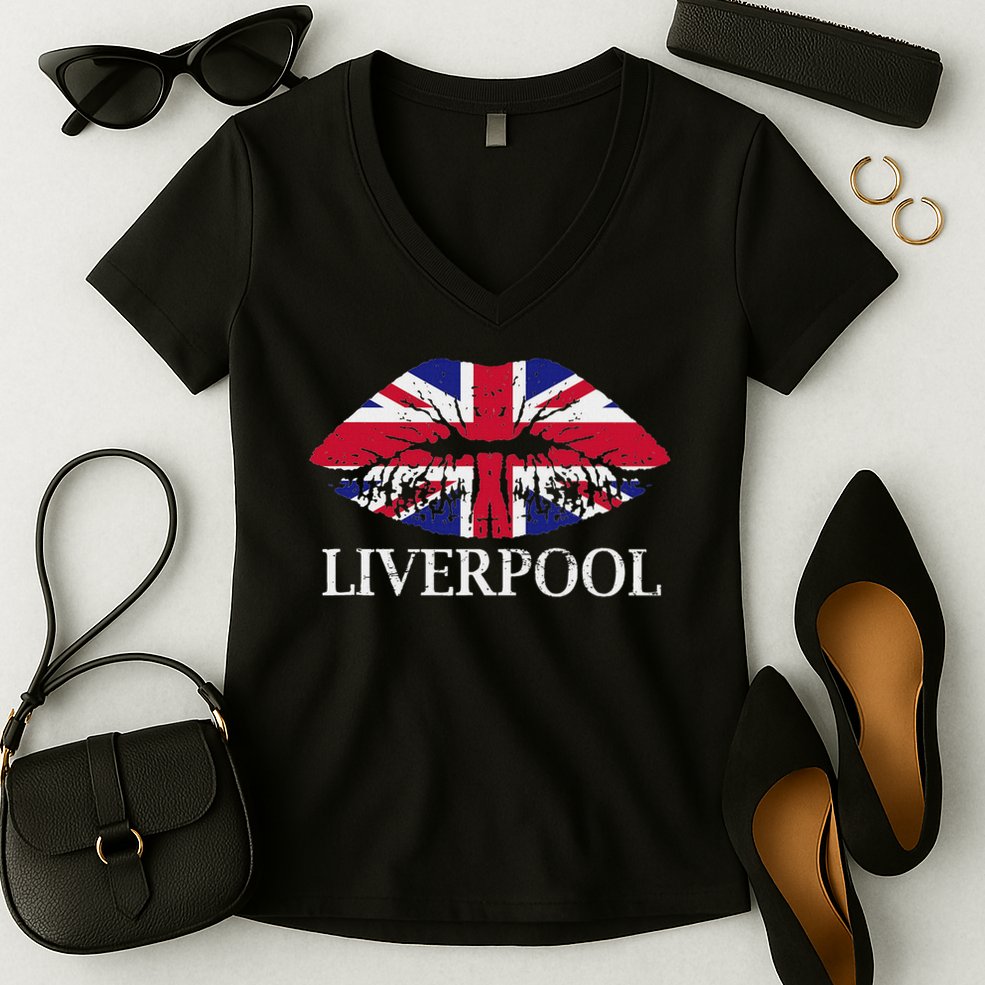 Liverpool England British Flag Lips Women's V-Neck T-Shirt