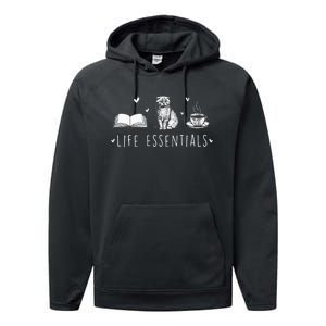 Life Essentials Cats Books Coffee Animal Lover Pet Owner Performance Fleece Hoodie