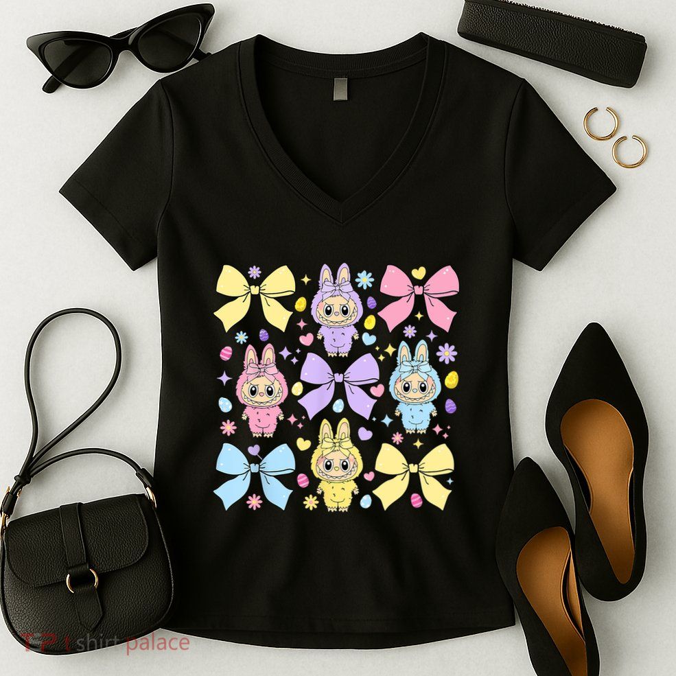 Labubu Easter Coquette Bow Cute Doll For Kids Girls  Women's V-Neck T-Shirt