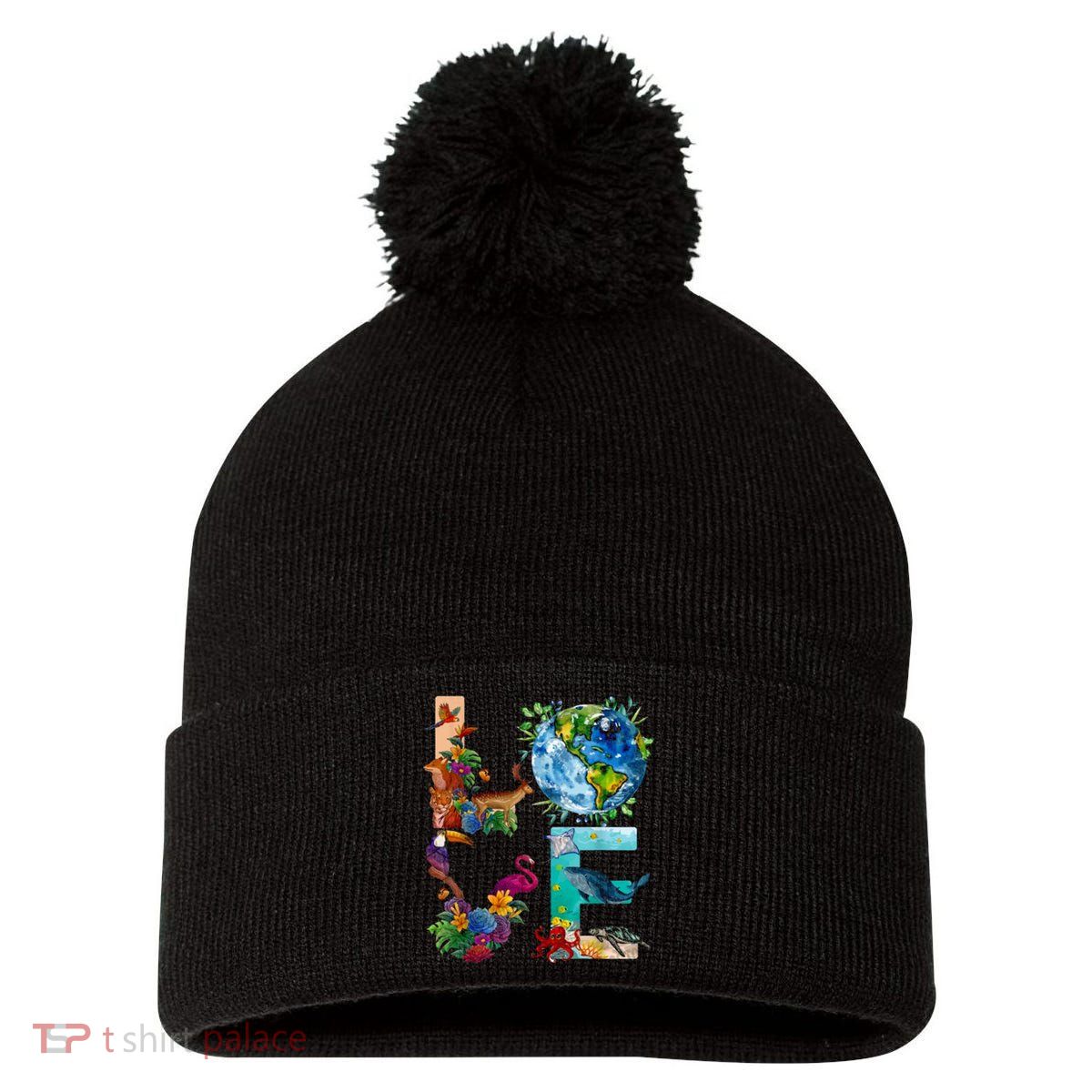 Love Earth Day Nature Pom Pom 12in Knit Beanie